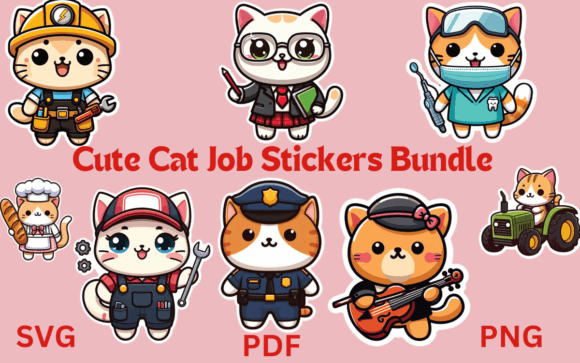 Cute Cat Job Stickers: Graphics & Print Templates